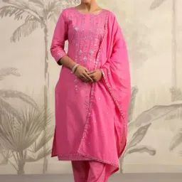 SCAKHI Pink Cotton Embroidered Kurta Pant Set With Dupatta-picture-12
