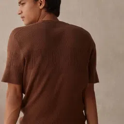 ANDAMEN Brown Regular Fit Self Design Cotton Crew T-Shirt image 2