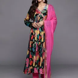 Varanga Women Floral Print Empire Mirror Work Pure Silk Kurta with Trousers & Dupatta-image-33