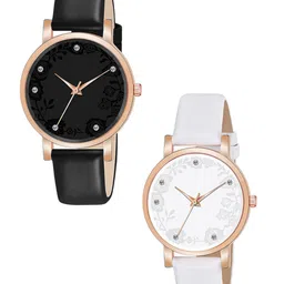 Gopal Shopcart Unisex Pack of 2 Embellished Dial Analogue Watch C36RG BLK WH R2 Leather-image-93