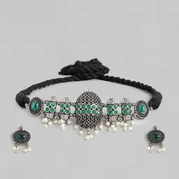 AITIHYA Silver-Plated Oxidised Artificial Stones & Beads Jewellery Set image 2