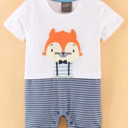 Little Kangaroos 100% Cotton Half Sleeves Romper With Fox Embroidery- White-picture-21