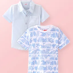 Babyhug Cotton Woven Half Sleeves   Solid Shirt with T-Shirt Leaf Print - Blue-picture-23