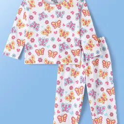 Doodle Poodle 100% Cotton Knit Full Sleeves Night Suit with Butterfly Print - White-picture-30
