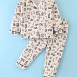 Doreme Interlock Knit Full Sleeves Animals Printed Night Suit - Beige-image-61