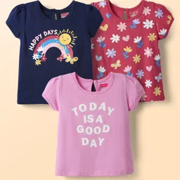 Babyhug Cotton Knit Half Sleeves T-Shirts with Floral Text & Rainbow Print Pack of 3 - Pink Red & Navy Blue-picture-10
