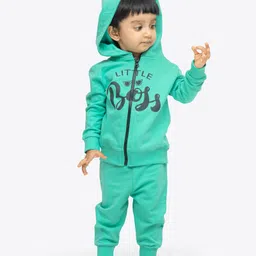 Ariel Pure Cotton Knit Full Sleeves Little Boss Text Printed Light Winter Hooded Sweatjacket & Joggers Set - Green-picture-16