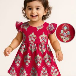 EARTHY TOUCH Single Jersey Knit Flutter Sleeves Ethnic Dress With Floral Print - Red-picture-25