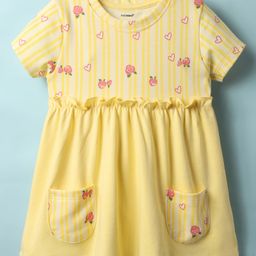 CUCUMBER Interlock Knit Half Sleeves Frock With Floral & Heart Print Frill Detailing & Pockets - Yellow-picture-17