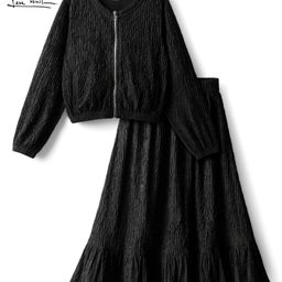 arias by lara dutta Arias Knit Structured Fabric Full Sleeves Jacket & Skirt Set Rhinestone Detailing - Black-picture-7