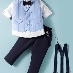 Rikidoos Full Sleeves Striped 3 Piece Party Suit With Bow & Suspeder Set - White & Sky Blue-picture-10