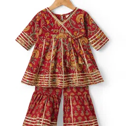 TEENTAARE Cotton Woven Full Sleeves Kurta Gharara Set WIth Floral Print - Red-picture-29