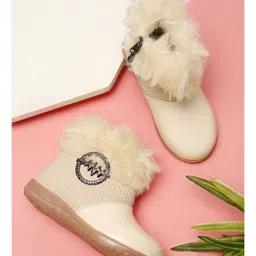 Tiny Bugs Metal Applique Detailed Fur Embellished Zipper Closure Boots - Beige image 1