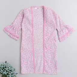 The Magic Wand Cotton Woven Three Fourth Bell Sleeves Floral Printed Long Jacket - Pink image 1