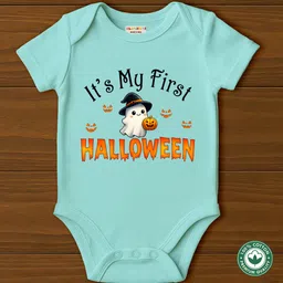 BLUSHES 100% Cotton Knit Halloween Theme Half Sleeves Its My First Halloween Text Printed Onesie - Sea Green-picture-12