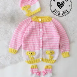 Woonie Hand Knitted Full Sleeves Elephant Designed Sweater With Cap & Socks Set - Pink-picture-25