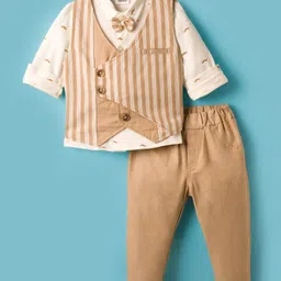 Mini Taurus Sinker Knit Full Sleeves Printed 3 Piece Party Suit With Bow Applique - Brown-picture-24