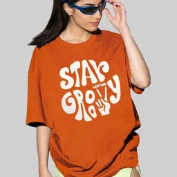 Leotude Women Typography Printed Round Neck Cotton Oversized T-shirts-picture-11