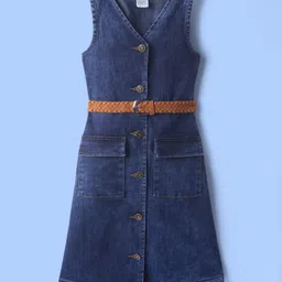 Hola Bonita Cotton Woven Half Puffed Sleeves Frock With Inner Tee & Belt with Abstract - Navy Blue & Light Blue image 2