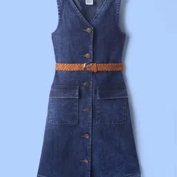 Hola Bonita Cotton Woven Half Puffed Sleeves Frock With Inner Tee & Belt with Abstract - Navy Blue & Light Blue image 3