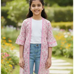 The Magic Wand Cotton Woven Three Fourth Bell Sleeves Floral Printed Long Jacket - Pink image 4