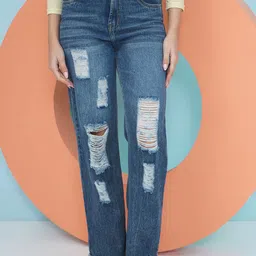 PUELLA Women Straight Fit High-Rise Highly Distressed Light Fade Jeans-image-34