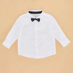 Pantaloons Baby Cotton Full Sleeves Solid Shirt & Coordinating Dungaree Cap & Bow Tie - White image 5
