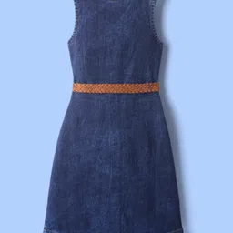 Hola Bonita Cotton Woven Half Puffed Sleeves Frock With Inner Tee & Belt with Abstract - Navy Blue & Light Blue image 4