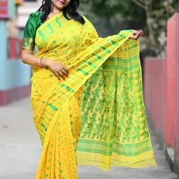 RIDDHIMAN FASHION Woven Design Silk Cotton Jamdani Saree-image-56