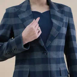 Powersutra Navy Blue Cotton Regular Fit Checked Blazer image 4