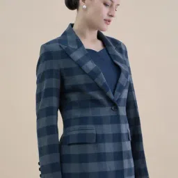 Powersutra Navy Blue Cotton Regular Fit Checked Blazer image 3