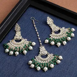 Panash Gold Plated Kundan Studded Maang Tikka & Earrings Set image 2