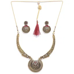 Zaveri Pearls Golden & Red Alloy Classic Necklace & Earring Set image 2