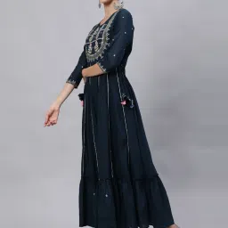 Ishin Blue Cotton Embroidered A Line Kurta image 3