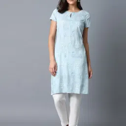 W Sky Blue Floral Print Straight Kurti-picture-24