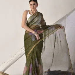 Sutra Attire Forest Green Block Printed Pure Kota Doria Saree-picture-27