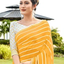 Satrani Yellow Striped Saree With Unstitched Blouse image 2