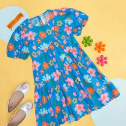 Pantaloons Junior Blue Cotton Floral Print Dress-image-96