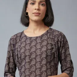 W Brown Cotton Printed Flared Kurta image 5