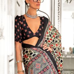 anouk rustic Anouk Ajrak Block Pure Crepe Block Print Saree-picture-18