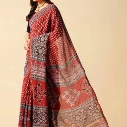 Aditri Maroon Handprinted Ajrakh On Chanderi Silk Saree image 2