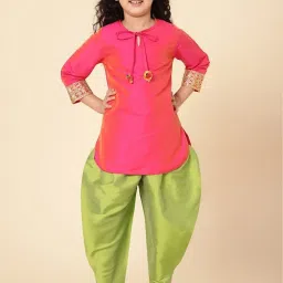 A.T.U.N. Kids Pink & Green Regular Fit Full Sleeves Kurta Set image 1