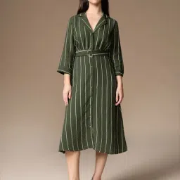 Kazo Olive Viscose Striped Dress-picture-24