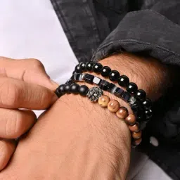 The Bro Code Black & Brown Casual Party Men's Beaded Lion Charm Stack Bracelet - Set of 3-picture-12