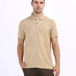 Iconic Mens Beige Textured Polo Collar T-Shirt-image-51