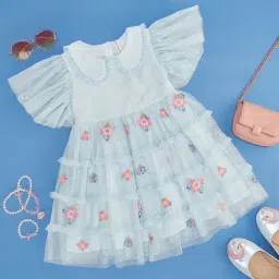 Pantaloons Junior Blue Floral Print Dress-image-4