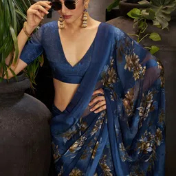 GHAN SALS Floral Printed Baluchari Saree With Blouse Piece image 2