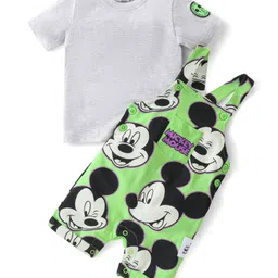 Babyhug Disney Cotton Knit Dungaree With Half Sleeves T- Shirt And Mickey Mouse Print - Green-image-80