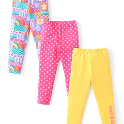 Babyhug Cotton Lycra Knit Full Length Leggings with Polka Dots  & Floral Print Pack of 3 - Pink & Yellow-picture-15