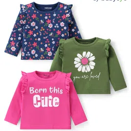 Babyoye Eco Conscious 100% Cotton Knit Full Sleeves Tops With Floral & Text Print Pack of 3 - Navy Blue Dark Green & Dark Pink-picture-27